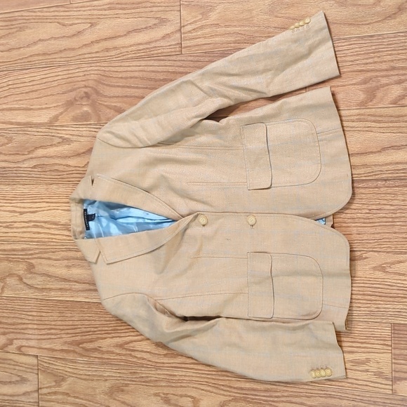 Linen-wool blend two-button blazer, tan w/ blue windowpane pattern, Lands' End 6 - Picture 1 of 6